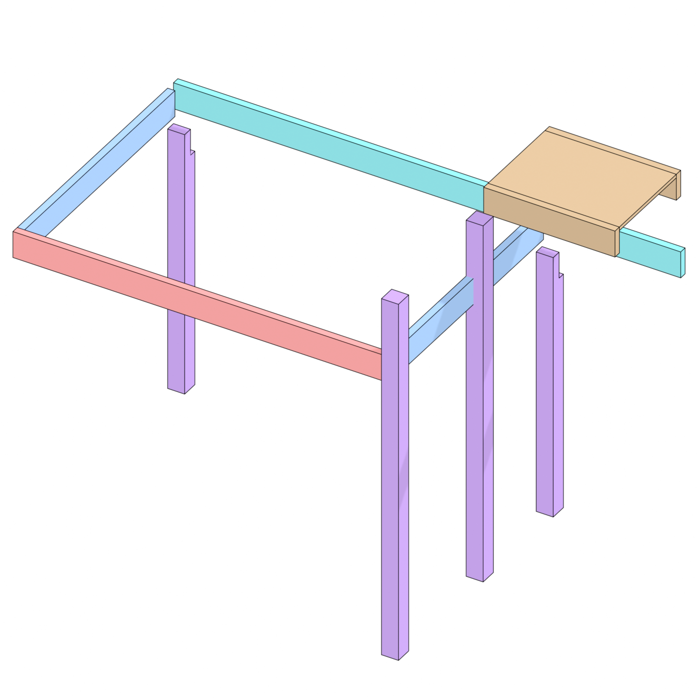 Loft frame exploded — ledger, rims, beam, posts (grab + corner).