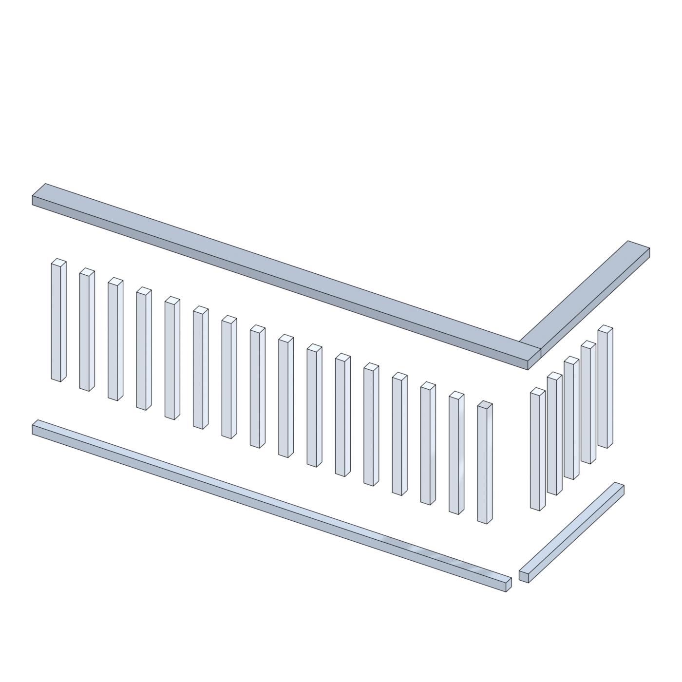Railing exploded — strips, spindles, flat top rails.