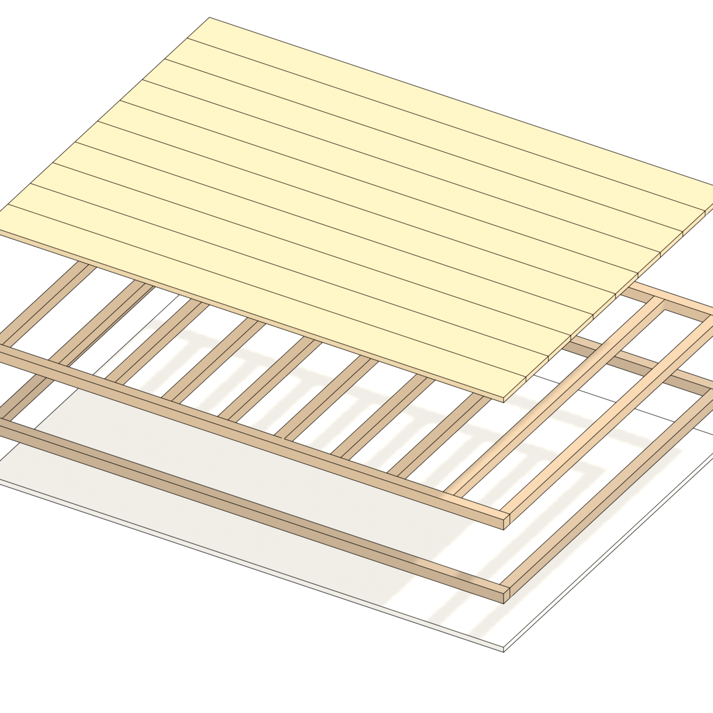 TORSION BOX exploded — 1″ top boards, 2×2 webs, ½″ shiplap (cut-list colors).