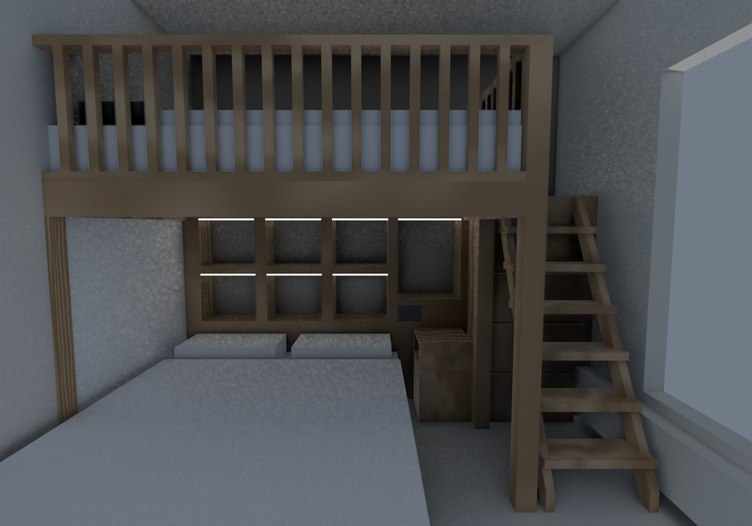 Head-on — railing up top, bookshelf headboard below, ladder to the right.