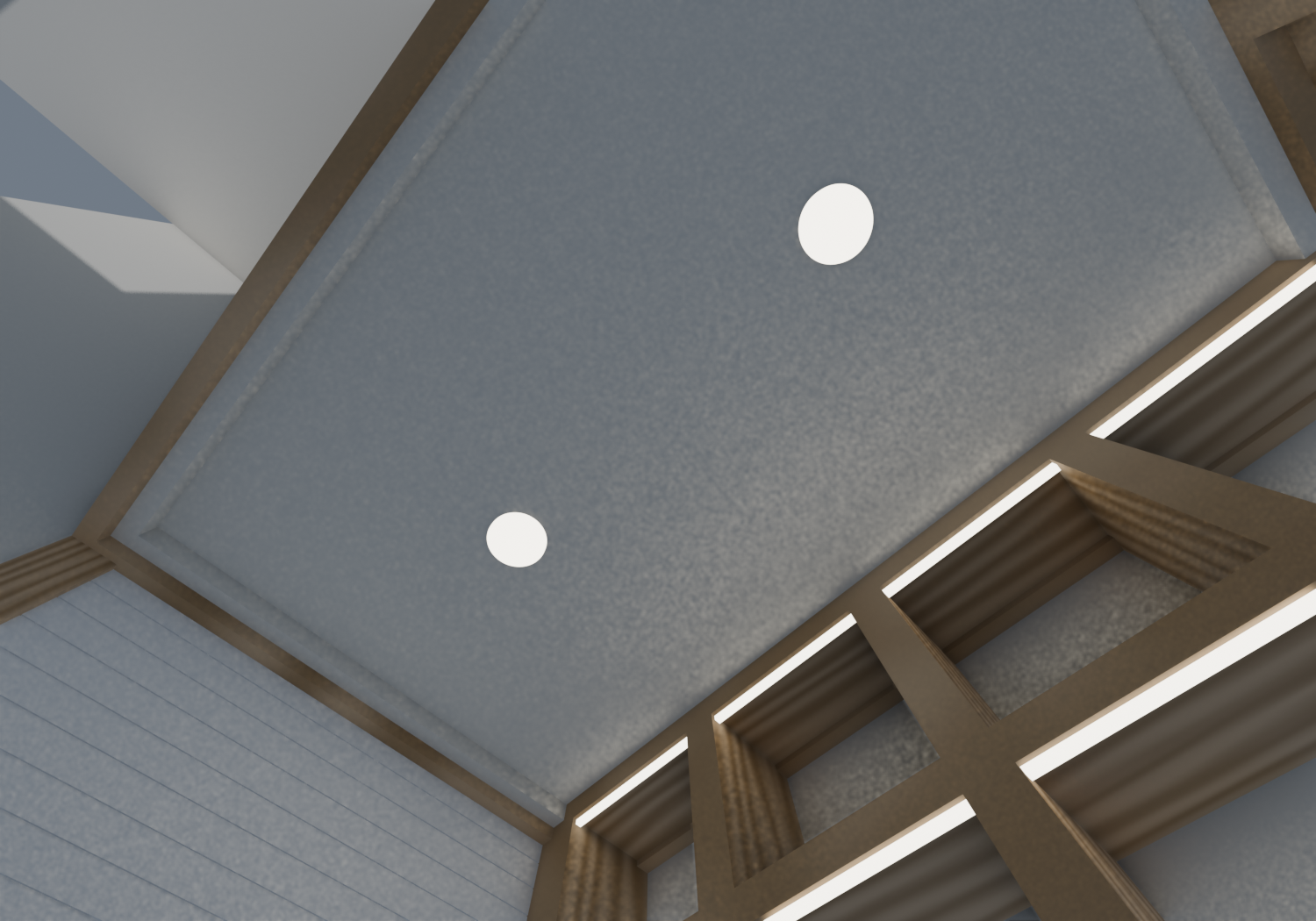 Lying on the queen, looking up at the loft underside.